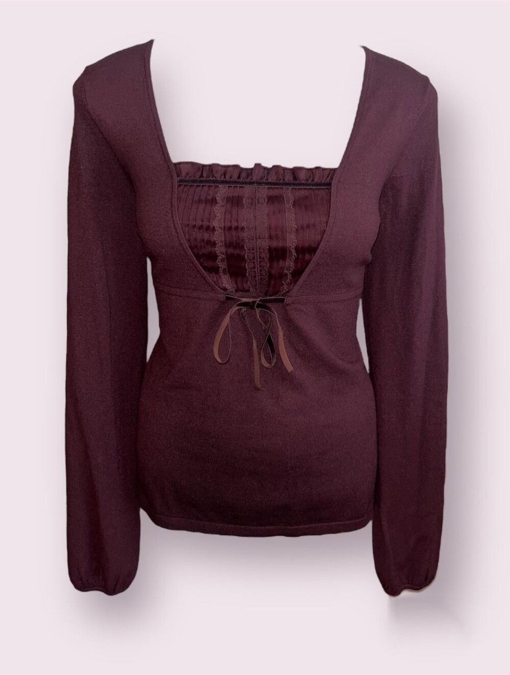 Vintage LOFT Burgundy Lace Up Plunge Long Sleeve Top Y2K Size M